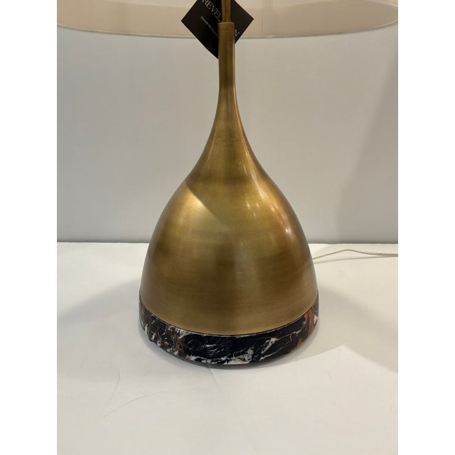 Elegant Revelation Kiss Marble & Brass Table Lamp. Large off-white banded shade, sculptural brass base. Original retail...