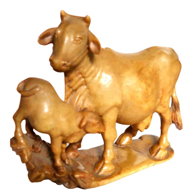 Japanese Yellow Jasper Hardstone Carving of a Cow and Calf For Sale
