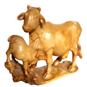 Japanese Yellow Jasper Hardstone Carving of a Cow and Calf