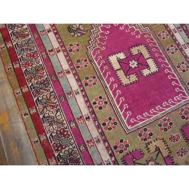 Turkish 1850s Green Pink Medallion Antique Turkish Anatolian Melas Prayer Rug 4 X 6' Knotted Wool Carpet For Sale - Image 3 of 4
