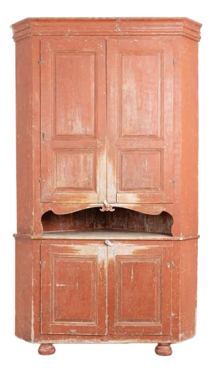 19th Century Large Swedish Original Red Painted Pine Corner Cabinet Cupboard