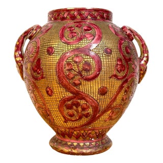 Large Italian Aretini Pottery Vase, Red & Gold Enamel Relief Decoration, Arezzo For Sale