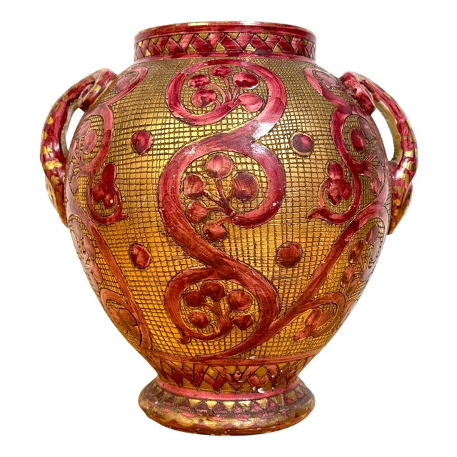 Large Italian Aretini Pottery Vase, Red & Gold Enamel Relief Decoration, Arezzo For Sale