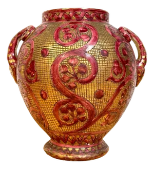 Large Italian Aretini Pottery Vase, Red & Gold Enamel Relief Decoration, Arezzo