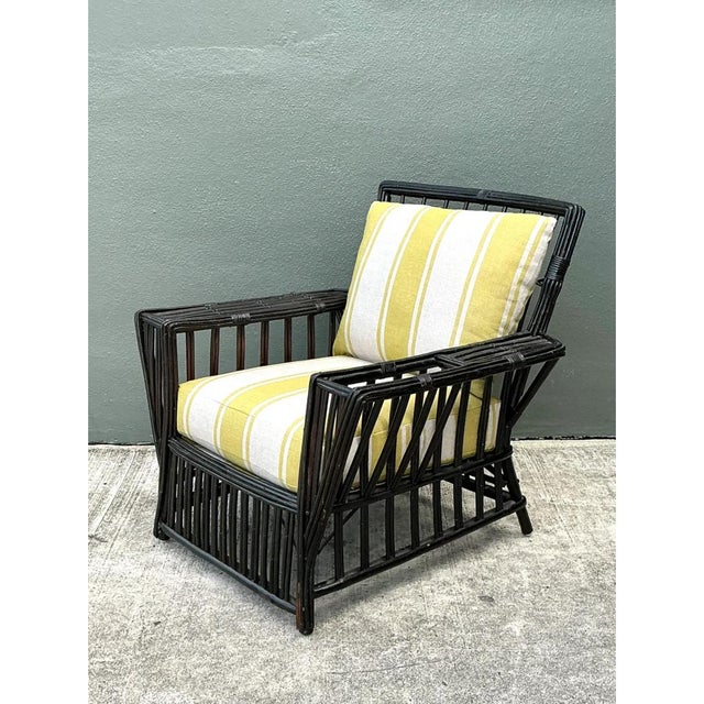 Mid 20th Century Vintage Stick Rattan Lounge Chair in Ralph Lauren Cabana Stripe For Sale - Image 5 of 12