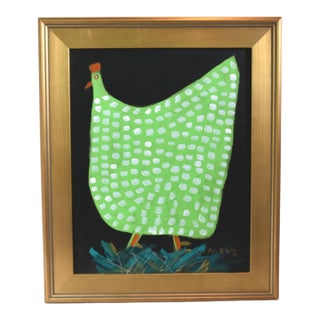 Original Green Folk Art Chicken Hen Painting by Ruth Arenz Including the Antiqued Gold Wood Frame For Sale