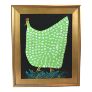 Original Green Folk Art Chicken Hen Painting by Ruth Arenz Including the Antiqued Gold Wood Frame