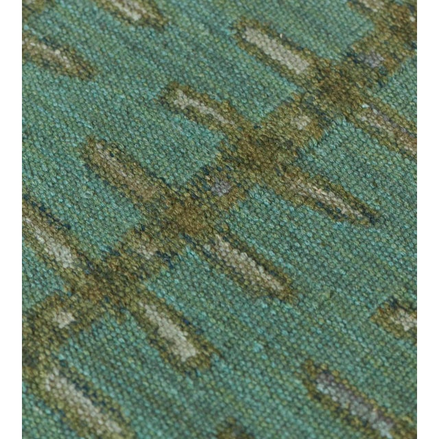 Teal Wool Handwoven Flat Weave Rug For Sale - Image 8 of 9