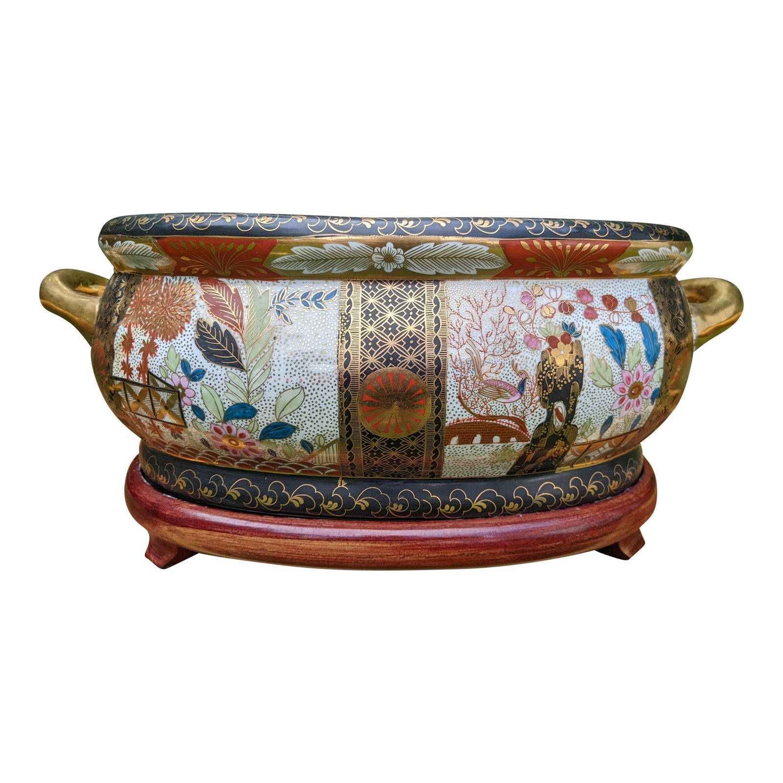 Fine Chinese Famille Noir Porcelain Foot Bath Jardiniere Cachepot W/Coy