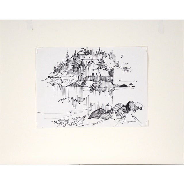 House Across the Lake - Line Drawing Landscape in Ink on Paper Delicate landscape line drawing by listed Maine artist...