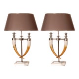 Vintage Chrome Table Lamps Faux Horn Silver Marble Base Modern Table Lamps a Pair For Sale
