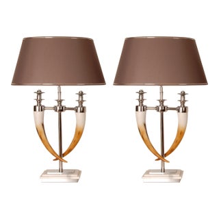 Vintage Chrome Table Lamps Faux Horn Silver Marble Base Modern Table Lamps a Pair For Sale