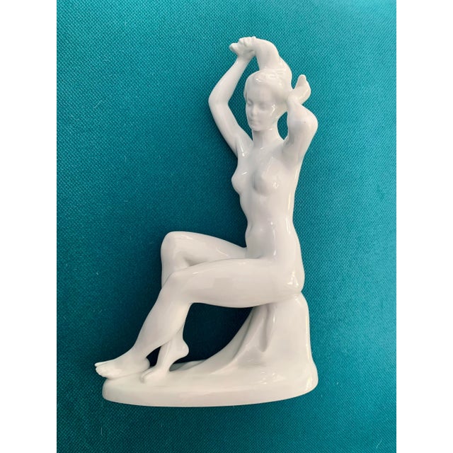 Ceramic Small White Blanc De Chine Nude Woman Combing Hair Figure From Europe For Sale - Image 7 of 7
