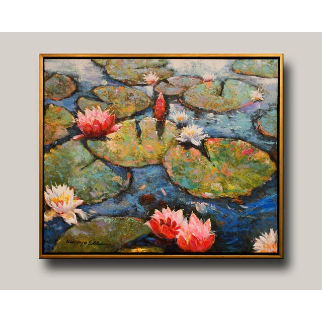 Iris and Lilies: Framed Textured Contemporary Iris Lilies Red White Blue Painting On Canvas. Gallery wrap canvas on Black...