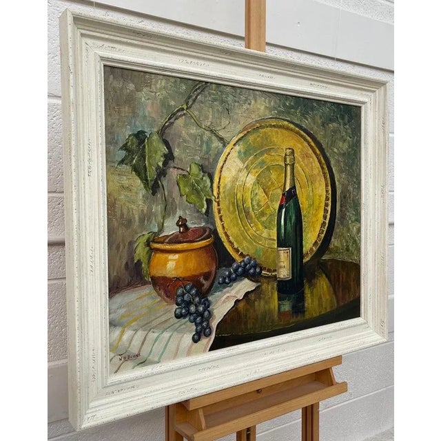 Vintage Champagne Bottle with Grapes & Pot Still Life Interior Original Oil Painting by 20th Century Artist Artist William...