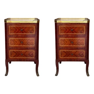 Late 19th Century Bouillotte Louis XVI Style, Marquetry and Bronze Nightstands, A Pair For Sale