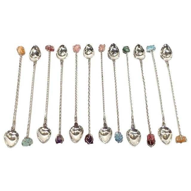 Late 20th Century Modern Sterling '.800 Silver' & Multicolored Quartz Ice Tea Spoons - Set of 12 For Sale - Image 12 of 12