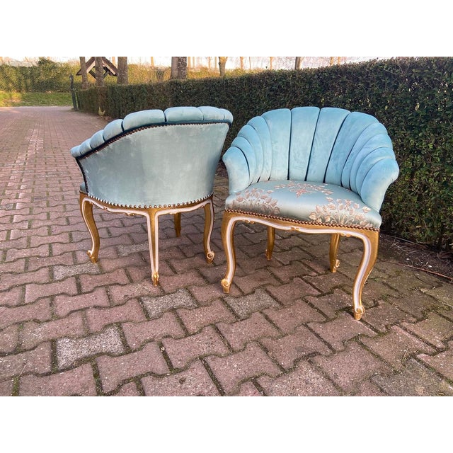 1980s Artisan Gilded Beech Louis XV Blue Side Chairs Pair For Sale - Image 9 of 10