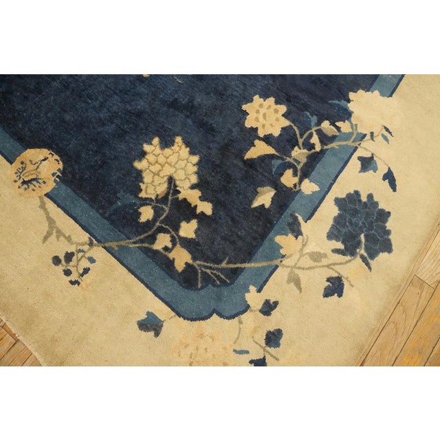 Navy Blue 1920s Navy Blue Open Field Floral Antique Chinese Peking Rug 7' 10'' X 9' 6'' Wool & Silk Knotted Carpet For Sale - Image 8 of 9