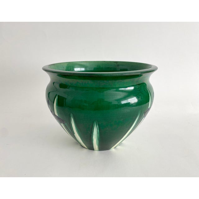 Mid 19th Century Large Awaji Japanese Pottery Incised Iris Jardinière Bowl Vase For Sale - Image 5 of 11