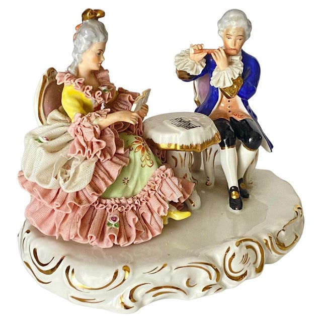 Lace Porcelain Couple Playing Chess in Blue and Pink, Dresden, German, 1920s For Sale - Image 14 of 14