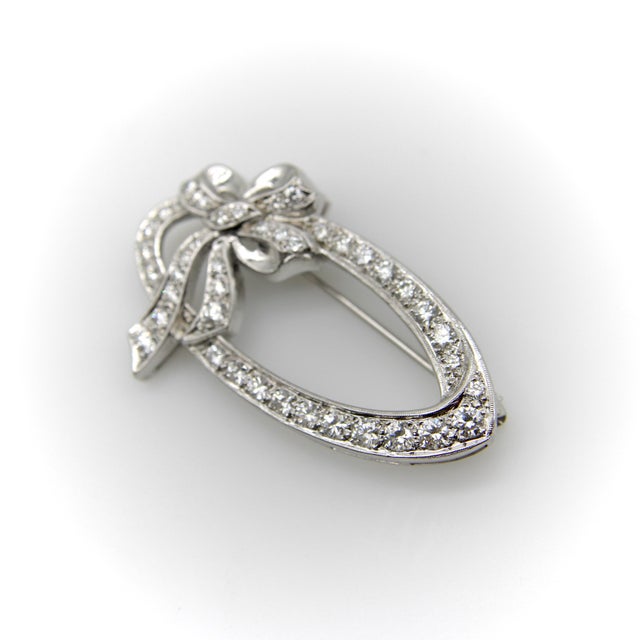 Mid-Century Modern Mid-Century 14k White Gold Diamond Oval Bow Pin For Sale - Image 3 of 8