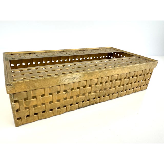Vintage Hollywood Regency Gold-Tone Basket Weave Tissue Box & Guest Towel Holder For Sale - Image 9 of 12