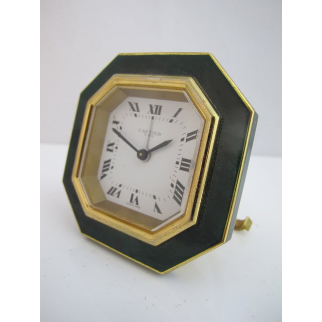 Cartier Paris Gold Plated Green Enamel Octagonal Travel Alarm Desk Clock For Sale - Image 14 of 14
