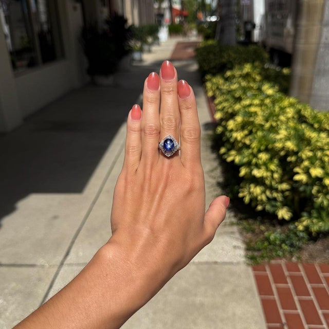 Platinum ring with 8.31 carat royal blue star sapphire and 0.82 carats of baguette cut diamonds. 9.01 grams