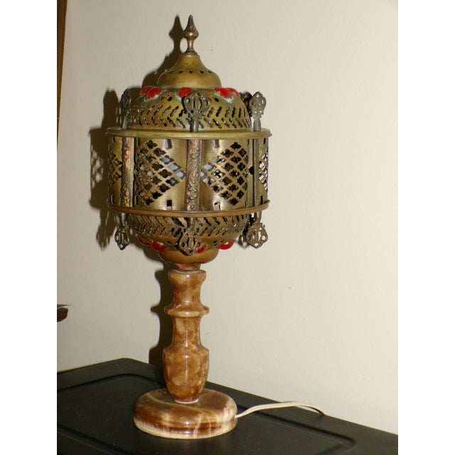 Stone Vintage Moroccan Middle Eastern Turkish Jeweled Brass Table Lamp Marble Base For Sale - Image 7 of 16