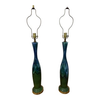 1960s Mid-Century Modern Royal Haeger Green Drip Glaze Lamps - Set of 2 For Sale
