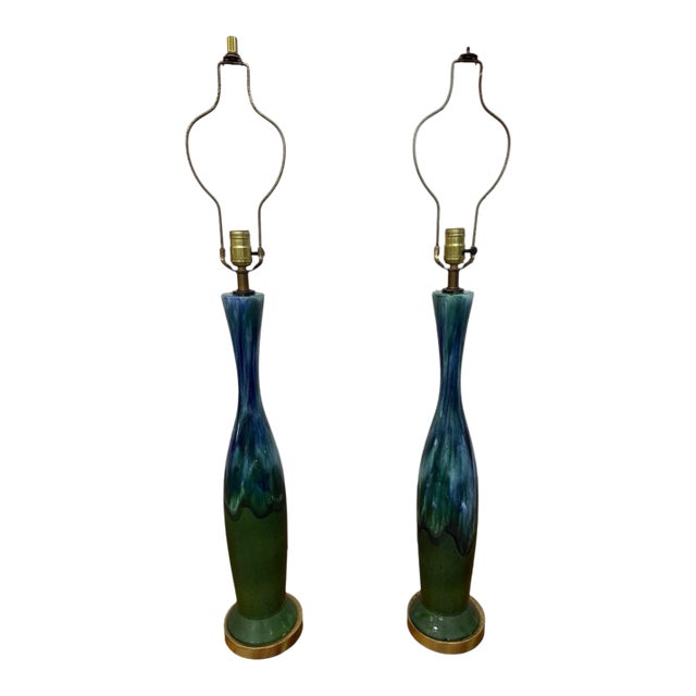 Mid-Century Modern Royal Haeger Green Drip Glaze Lamps - Set of 2 - Working! For Sale