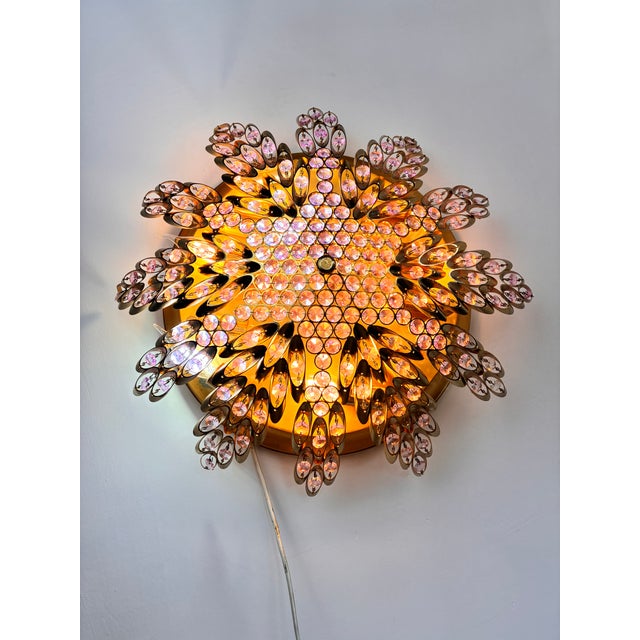 Vintage Brass Sunburst Ceiling Light, Hand-Painted Pink Crystal Beaded Mandala Chandelier, 10-Light Flush Mount For Sale - Image 18 of 18