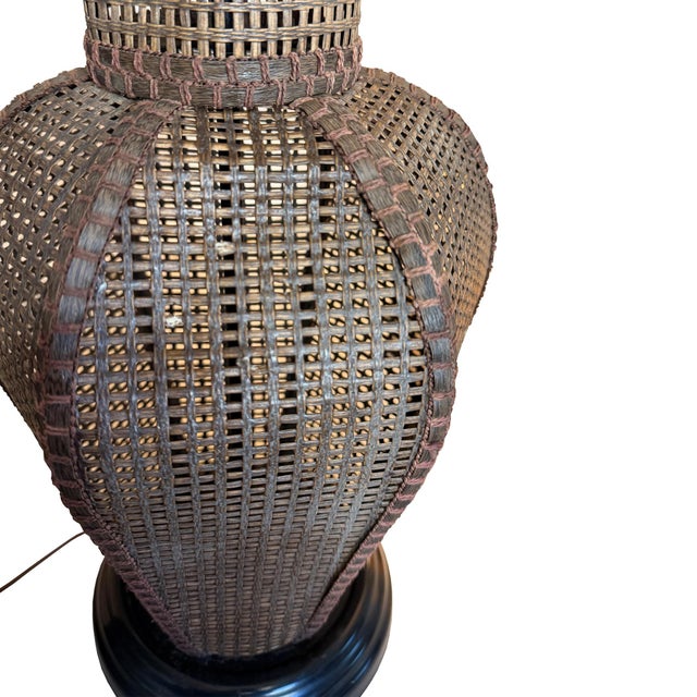 Mid 20th Century Large Vintage Handwoven Rattan and Cane Urn Form Table Lamp For Sale - Image 5 of 11