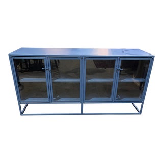 Pottery Barn Blue Metal Frame Credenza For Sale
