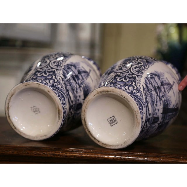 Pair of Early 20th Century Dutch Blue and White Hand Painted Faience Delft Vases For Sale - Image 10 of 12