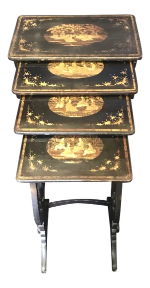 Vintage Japanned French Chinoiserie Hand Painted Nesting Tables- Set of 4
