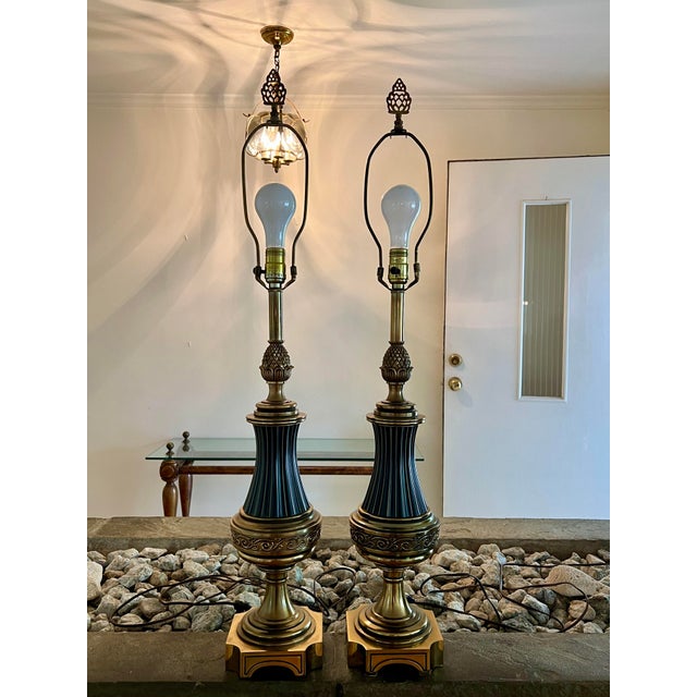 Vintage Brass Pineapple Table Lamps Lighting in Black With Brass With Shades - a Pair For Sale - Image 4 of 9