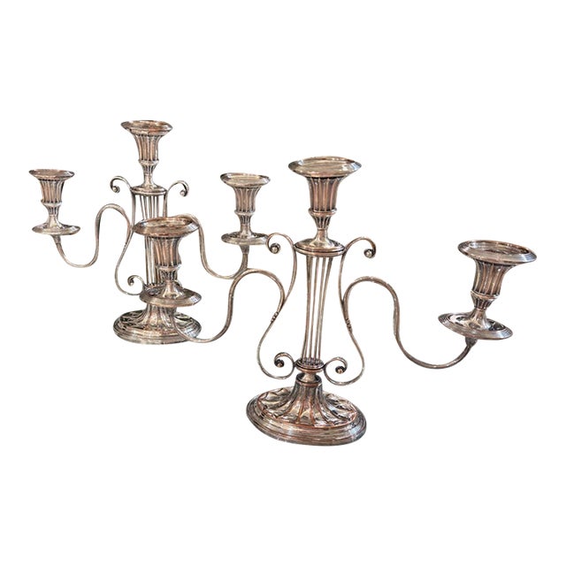 Pair of English Neoclassical Lyre-Form Silver Three Light Candelabra For Sale