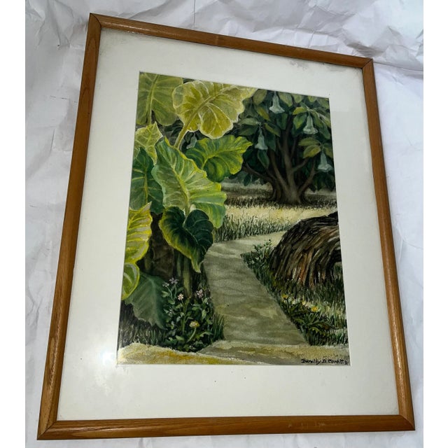 A beautiful vintage 1991 “Olin’s Path” 1991 watercolor by Dorothy Dickensen Corbit with dramatic green and brown tones. A...