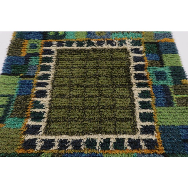 Rug & Kilim Vintage Swedish Rya Rug With Green Mosaic and Geometric Borders - Rug & Kilim For Sale - Image 4 of 9