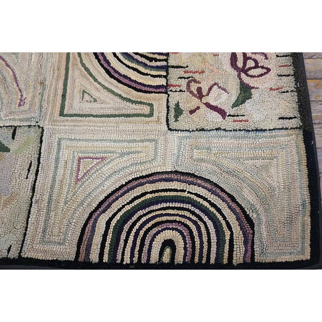 Nice Tan-Beige Background With Prominent Circles Black Geometric Design Antique American Hooked Rug For Sale - Image 13 of 13