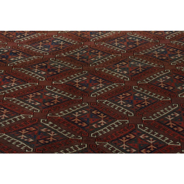 Hand-Knotted Antique Russian Yamut Rug in Red, White Tribal Dyrnak Pattern For Sale In New York - Image 6 of 7