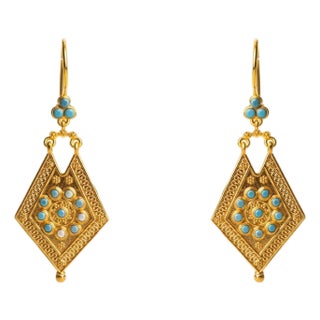 Vintage Style Gold & Turquoise Design Dangle Earrings, A Pair For Sale