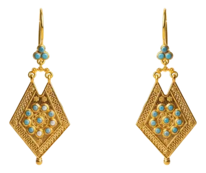 Vintage Style Gold & Turquoise Design Dangle Earrings, A Pair