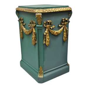 Vintage French Louis XVI Style Green Gold Carved Wood Column Pedestal Stand
