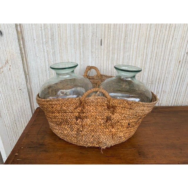 Late 19th Century Set of 2 Green Glass French Demijohn Bottles with Woven Esparto Basket For Sale - Image 18 of 18