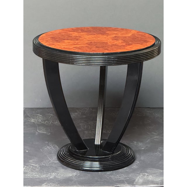 Mid 20th Century French Art Deco Ebonized Round Side Table With Burl Walnut Top - Two Available For Sale - Image 5 of 11