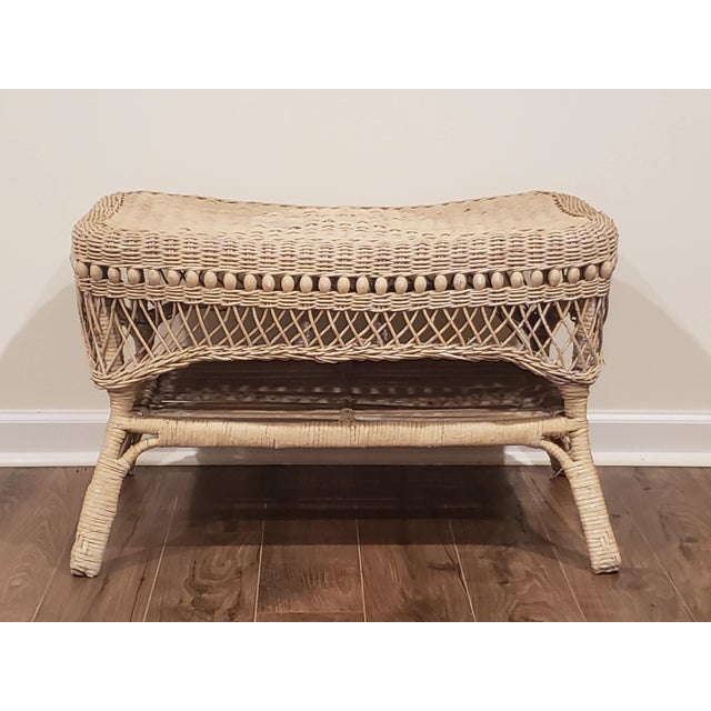 Wood 1950s Vintage 2 Tier Wicker Table With Intricate Wood Details in Original Antique Creamy White Paint & a Diamond Design on the Top For Sale - Image 7 of 12