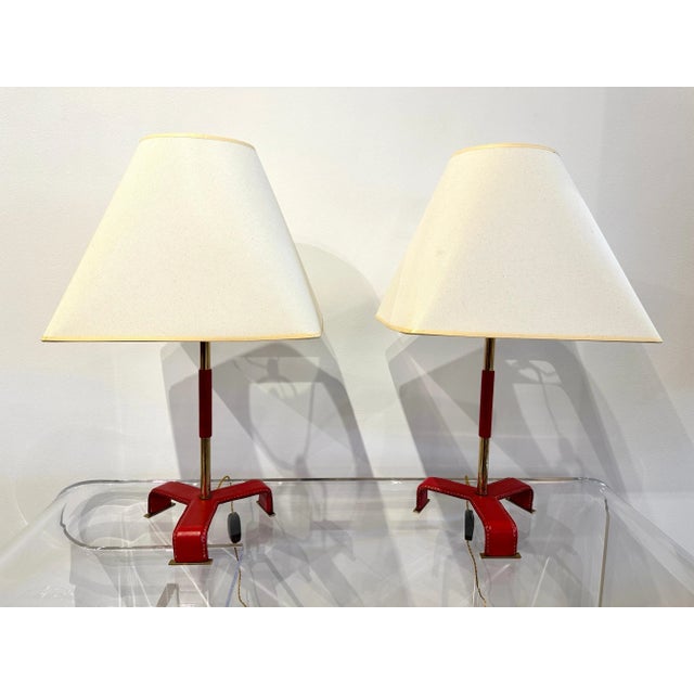 Vintage Jacques Adnet Style Red Stitched Leather Table Lamps, 1950's France - a Pair For Sale - Image 11 of 12